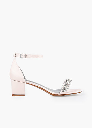 front Sandales à talons carrés en satin mat de couleur assortie, ornées de perles et de strass
