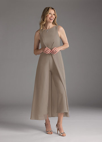 Azazie Anitta Mother of the Brides Dresses Taupe Jumpsuit/Pantsuit Pleated Stretch Crepe Dress image1