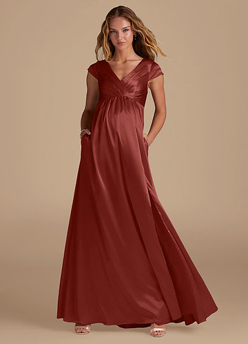 Azazie Allessia Maternity Bridesmaid Dresses Vestido Linha A Comprimento do chão Cetim Metálico image1