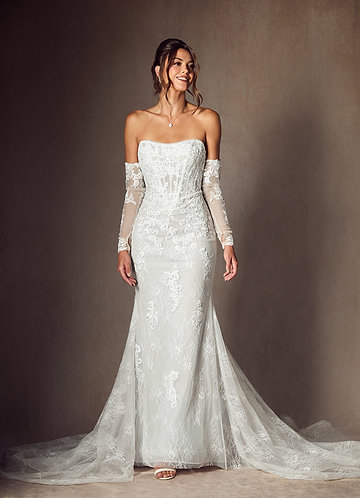 Azazie Caitlin Wedding Dresses Diamond White Mermaid Strapless Lace Dress image1 0