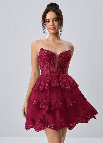 Liaorde Burgundy Lace Sequin Embroidery Ruffles A Line Corset Mini Dress image1