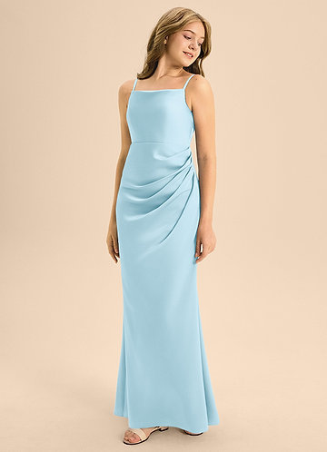 Azazie Renna Junior Vestido de Azul Cielo de Satén Elástico de Corte En A con Plisado image1
