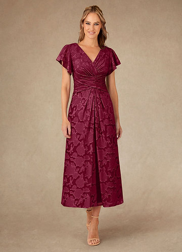 Azazie Vera Vestidos de Madre de la Novia Vestido de Borgoña de Devorado Floral de Corte En A con Plisado image1