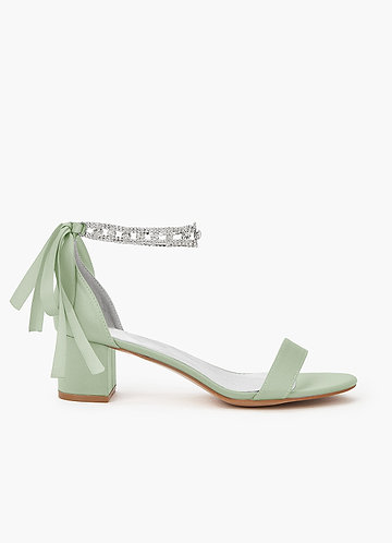 front Matching Color Matte Satin Rhinestone Strap Block Heel Sandals