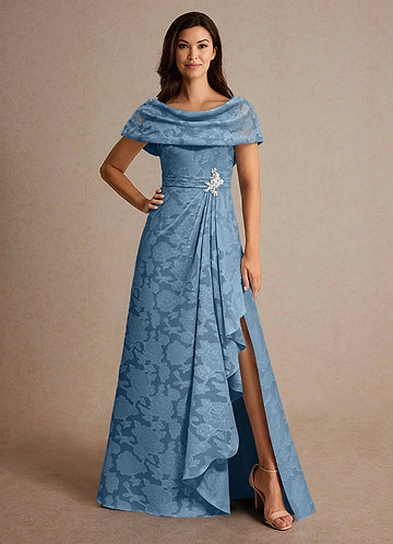 Azazie Branford Mother of the Brides Dresses Steel Blue A-Line Pleated Floral Burnout Dress image1