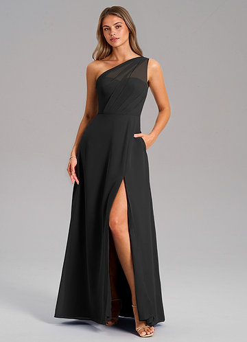 Azazie Phaedra Bridesmaid Dresses Vestido Preto de Chiffon de Linha A com Um ombro image1