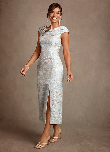 Azazie Alpine Mother of the Brides Dresses Dusty Blue A-Line Pleated Floral Jacquard Dress image1