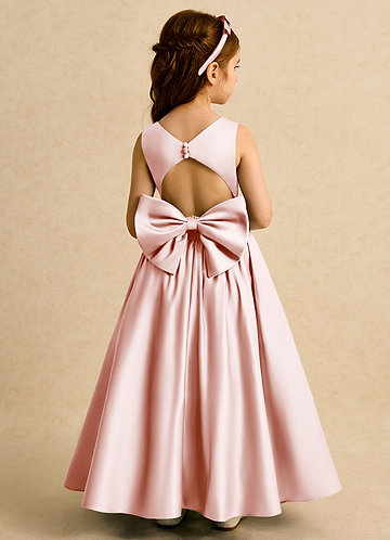 Azazie Nellia Flower Girl Dresses Blushing Pink A-Line Bow Matte Satin Dress image1