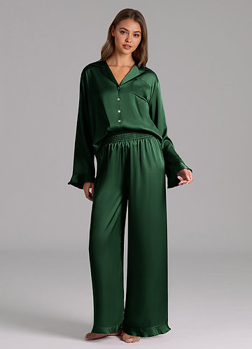 front Matching Color Ruffled Satin Long Sleeve Pajama Set