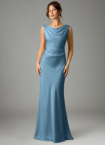 Azazie Kieryn Vestidos de Dama de Honor Vestido Aço Azul de Cetim elástico de sereia com Plissado image1