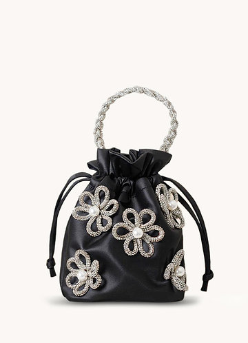 front Rhinestone Flower Embellished Satin Bucket Bag