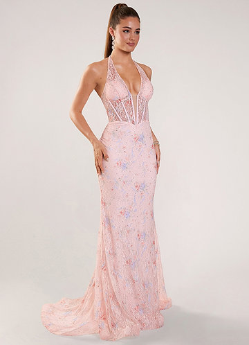 Chrysanthe Roze Galajurk van kant met strasssteentjesprint image1