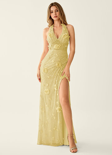 Blairsofire Yellow 3D Flower Beading Sequin Embroidery Mesh Prom Dress image1