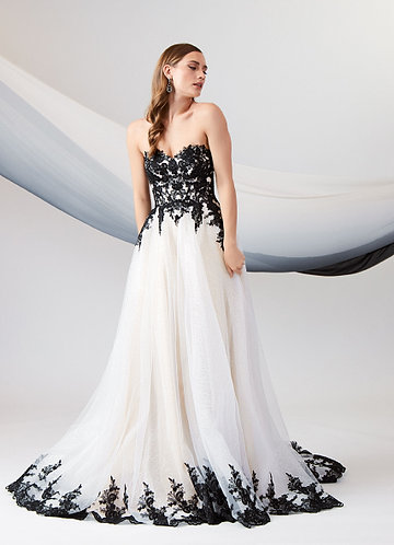 Azazie Adelaide Abiti da Sposa Abito A-Line in Tulle Pizzo Nero Champagne image1
