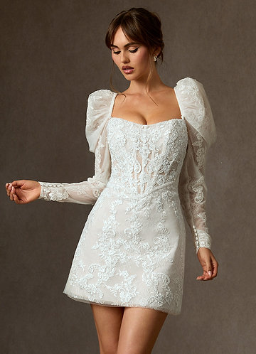Azazie Winter Wedding Dresses Diamond White A-Line Strapless Lace Dress image1