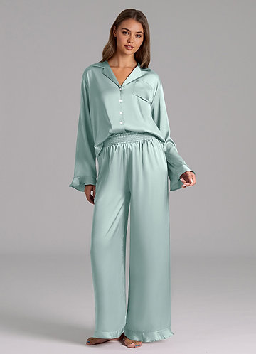 front Matching Color Ruffled Satin Long Sleeve Pajama Set