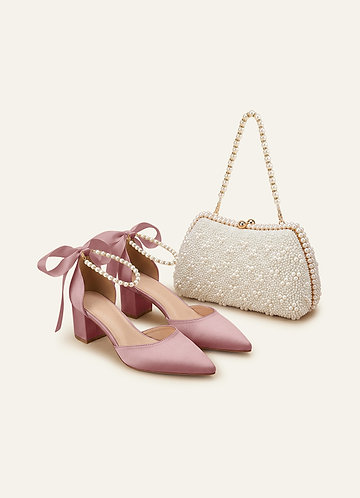 front Matching Color Matte Satin Pearl and Bow Pointed Toe Block Heels & Beaded Clutch Set