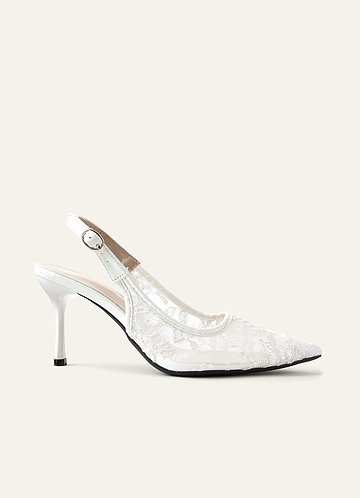 front Embroidered Tulle Pointed Toe Slingback Heels