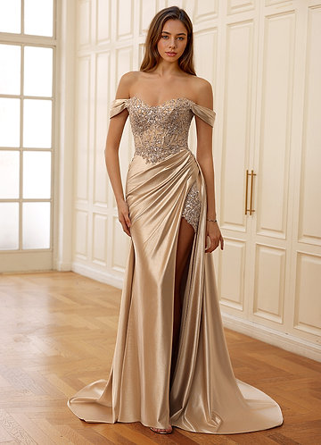 Rowane Champagne Corset Rhinestone Sheer Lace Prom Dress image1