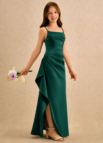Azazie Cannoli Girls Formal Robes de Fillette d'Honneur Robe Trapèze en Satin extensible Plissée émeraude image1