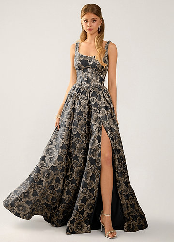 Cimaya Black Square-Neck Jacquard Prom Dress image1