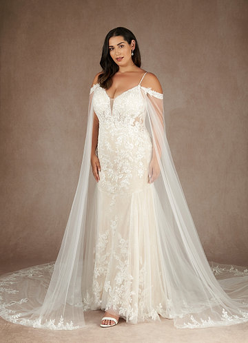 Azazie Leonie Robe de Mariée Robe Sirène en Tulle Col V à paillettes Blanc De Diamant image1