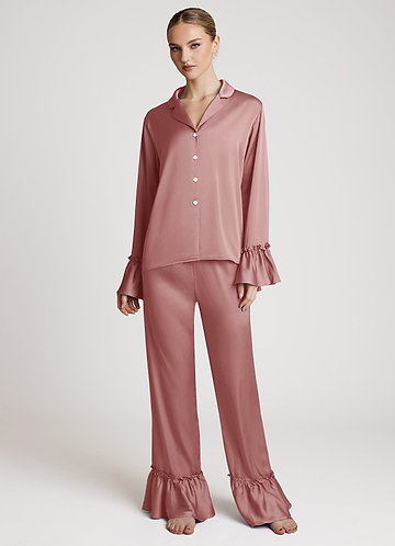 front Dusty Rose Lightweight Satin Ruffle Pajama Set
