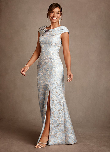 Azazie Irvine Mother of the Brides Dresses Dusty Blue A-Line Pleated Floral Jacquard Dress image1