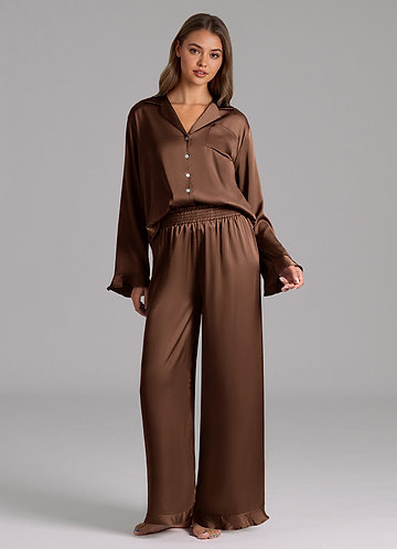 front Espresso Ruffled Satin Long Sleeve Pajama Set