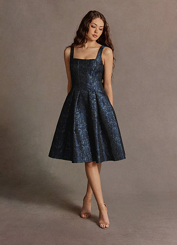 Jackey Navy Jacquard Pleated Midi Dress image1