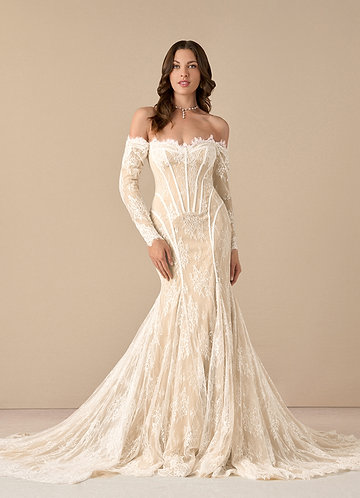 round neck lace dress Illusion Lace Top Floral Long Sleeves Round Neck A-line Long Wedding D –  SposaBridal main image 0