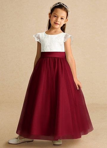 Azazie Pookie Flower Girl Dresses Burgundy A-Line Lace Tulle Dress image1