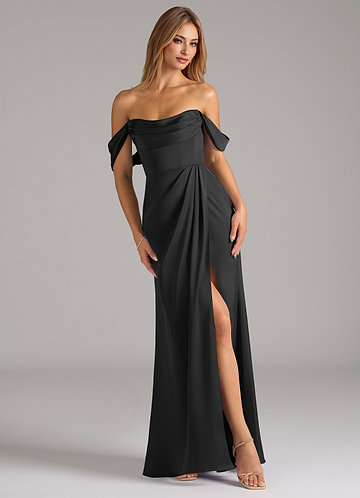 Azazie Johana Bridesmaid Dresses Black Mermaid Off the Shoulder Stretch Satin Convertible Dress image1