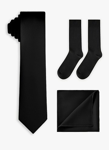 front Conjunto de corbata fina de satén elástico, pañuelo de bolsillo y calcetines a juego