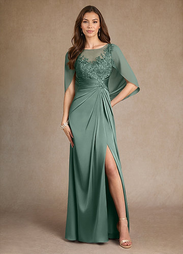 Azazie Hera Mother of the Brides Dresses Eucalyptus A-Line Lace Stretch Satin Dress image1 0