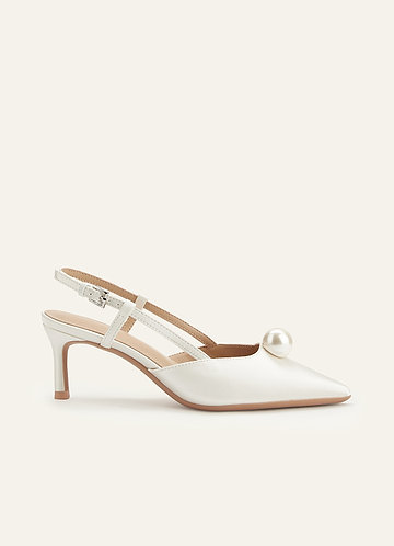 front Satin Pearl Pointed Toe Kitten Heel