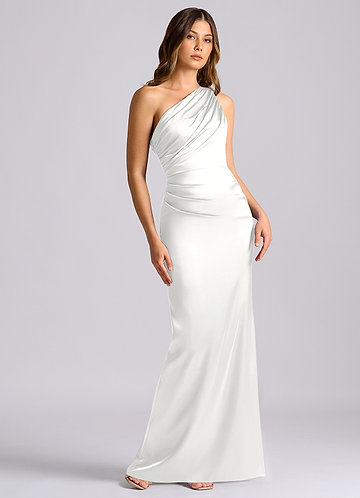 Azazie Akilah Bruidsmeisjesjurken Jurk van Stretch Satijn met Zeemeermin One-shoulder Wit image1
