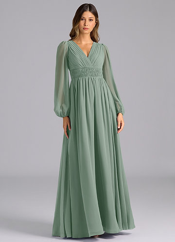 princess polly baby blue dress Classic Long Lantern Sleeves V-Neck Ruched Chiffon Wedding Dress With Split  Front main image 1