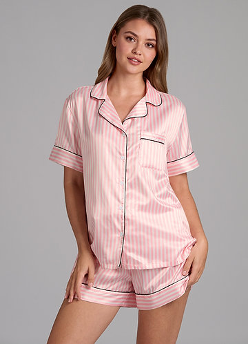 front Satin Striped Piping Short Sleeve Pajama Set