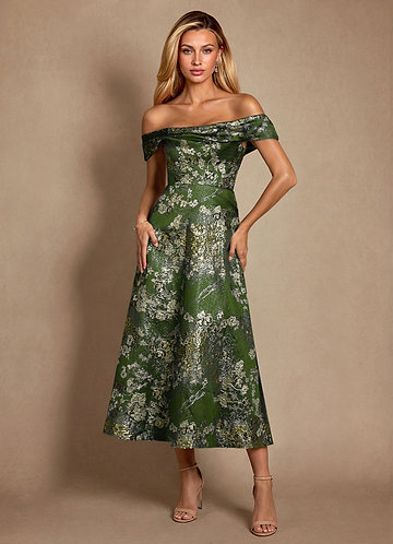 Azazie Maricela Mother of the Bride Dresses Vestido Matcha Verde de Jacquard de Linha A com Fora do ombro image1