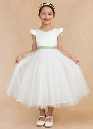 Azazie Hemi Flower Girl Dresses Ivory Dusty Sage A-Line Bow Tulle Dress image1