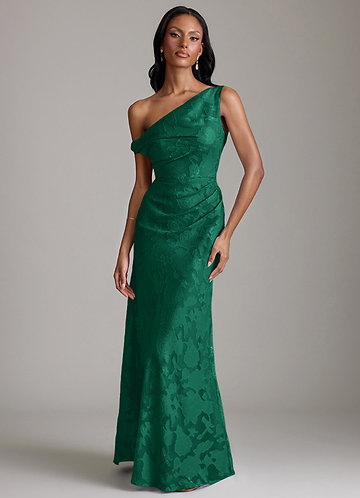 Azazie Emerson Bridesmaid Dresses Emerald Mermaid Off the Shoulder Floral Burnout Dress image1