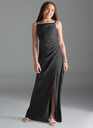 Azazie Leonis Junior Black A-Line Pleated Stretch Satin Dress image1