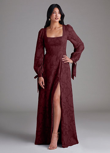 Azazie Leonia Bridesmaid Dresses Cabernet A-Line Long Sleeve Floral Burnout Dress image1