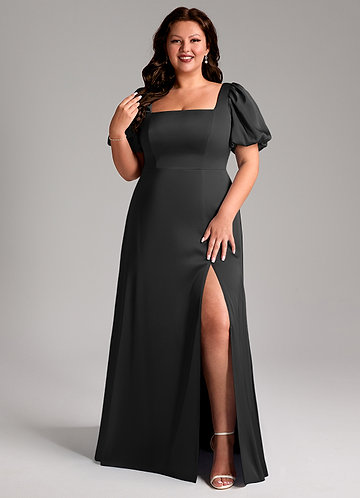 Azazie Fyona Vestidos Dama de Honor Vestido de Negro de Satén Elástico de Corte en A con Plisado image1