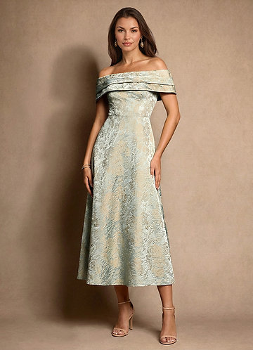 Azazie Brighton Mother of the Bride Dresses Vestido Azul Vintage de Jacquard de Linha A com Plissado image1