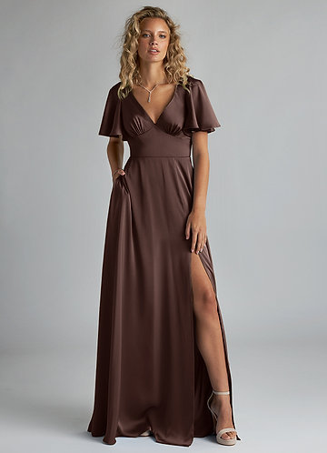 Azazie Kimber Bridesmaid Dresses Ganache A-Line Ruched Stretch Satin Dress image1