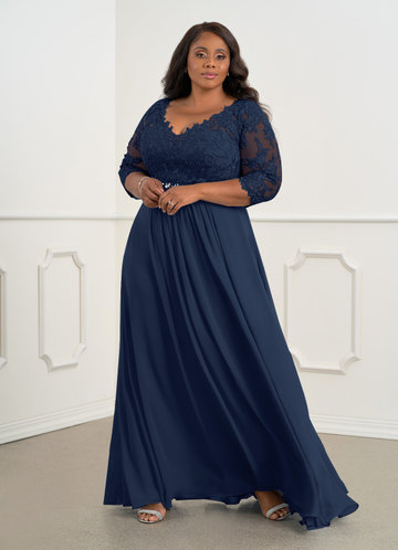 Azazie Hayek Mother of the Brides Dresses Dark Navy A-Line V-Neck Lace Chiffon Dress image1