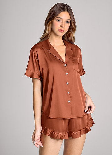 front Matching Color Ruffled Satin Short Sleeve Pajama Set