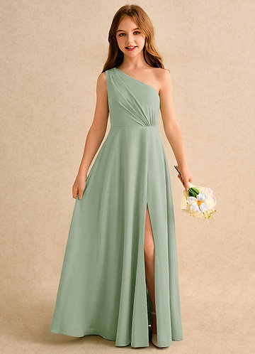 Puddles Girls Formal Flower Girl Dresses Dusty Sage A-Line One Shoulder Chiffon Dress image1